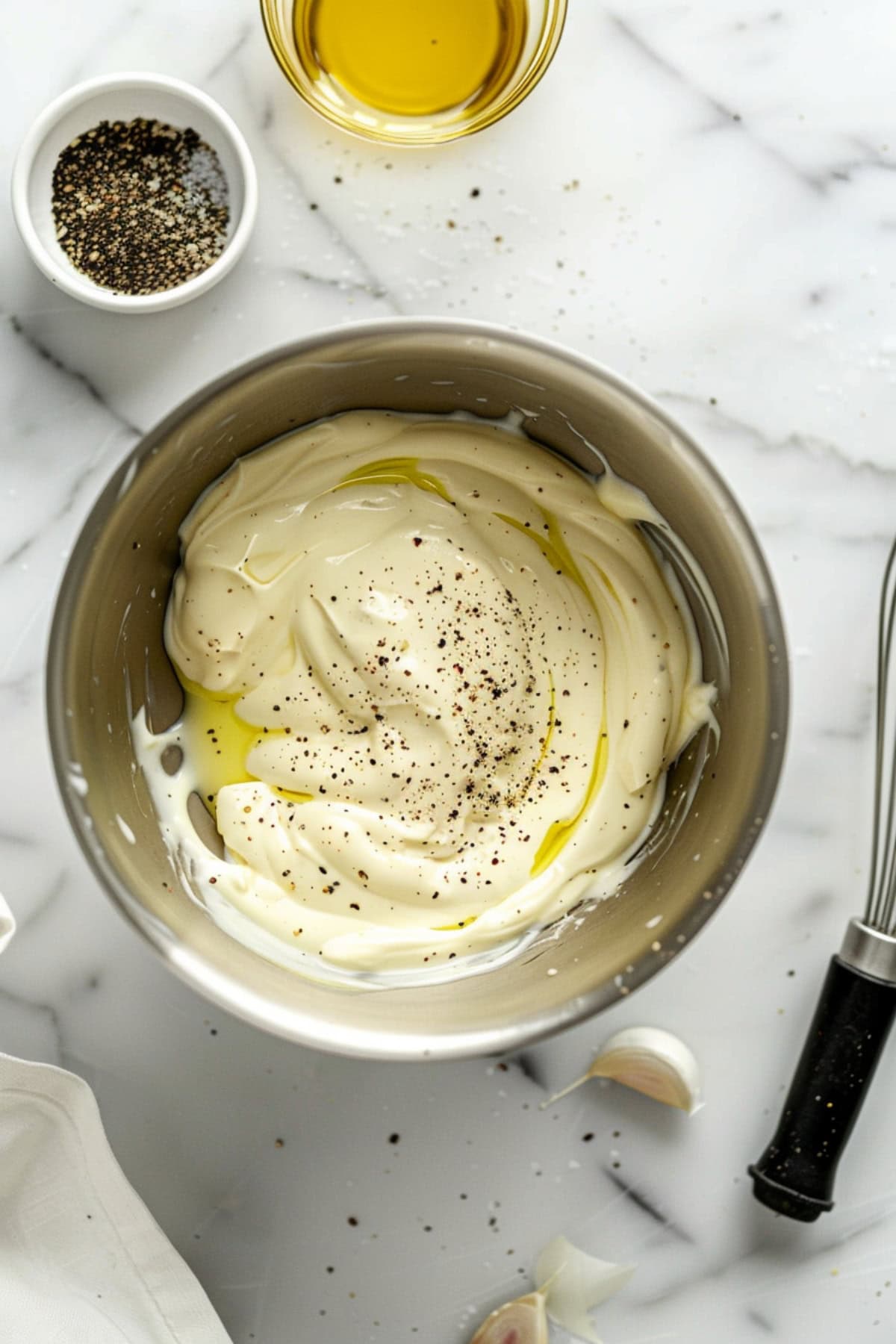 Mayonnaise dressing in a metal bowl. 