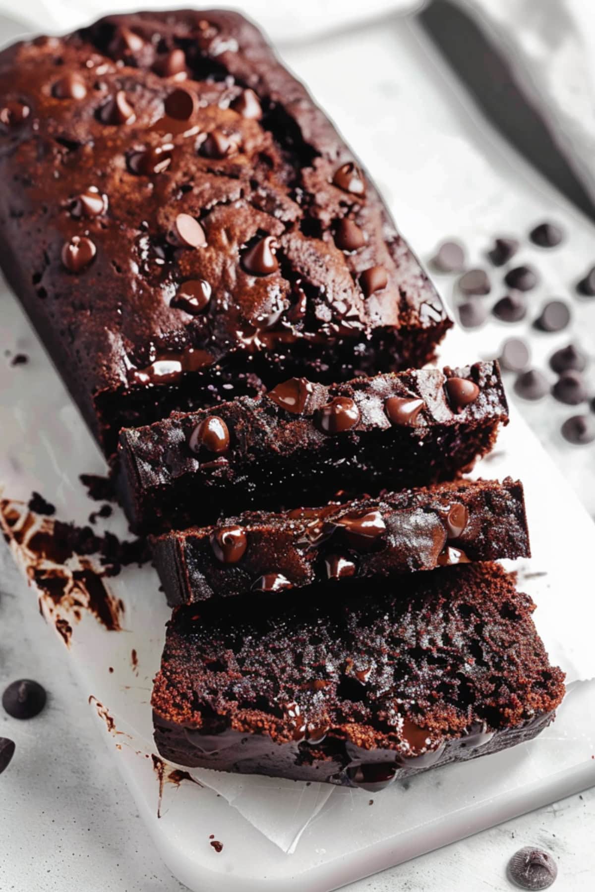 Chocolate loaf bread with chocolate chips.