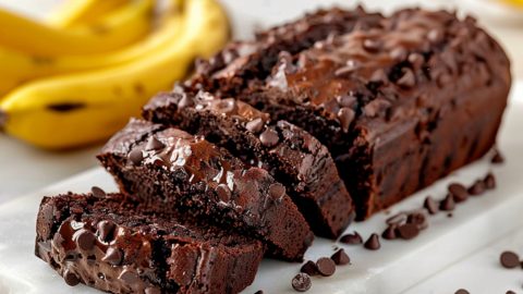 Chocolate banana loaf bread on a cutting board with fresh bananas on the side.