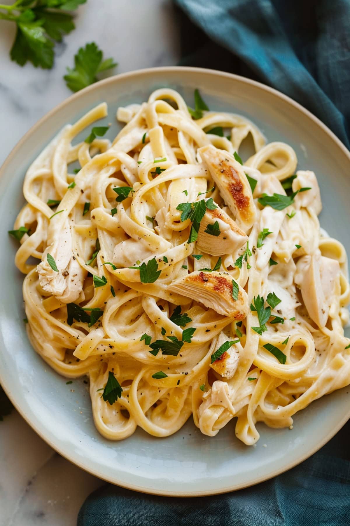Delicious chicken Alfredo, served over fettuccine and garnished with fresh parsley.