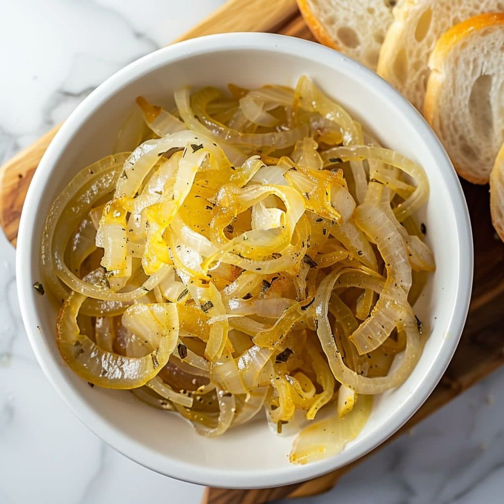 Thinly sliced caramelized onions with butter in a white bowl, sour bread on the side. 
