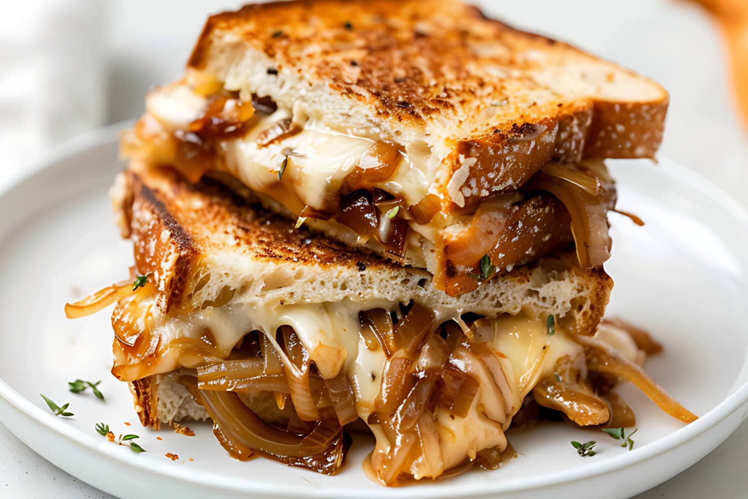 Cheesy French Onion grilled cheese sandwich in a white plate.