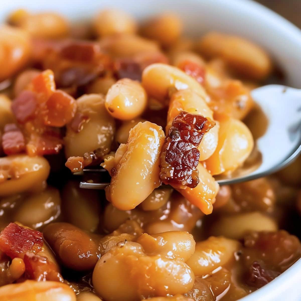 Super Close Up of Grandma Brown's Baked Beans with Brown Bacon Pieces on a Fork