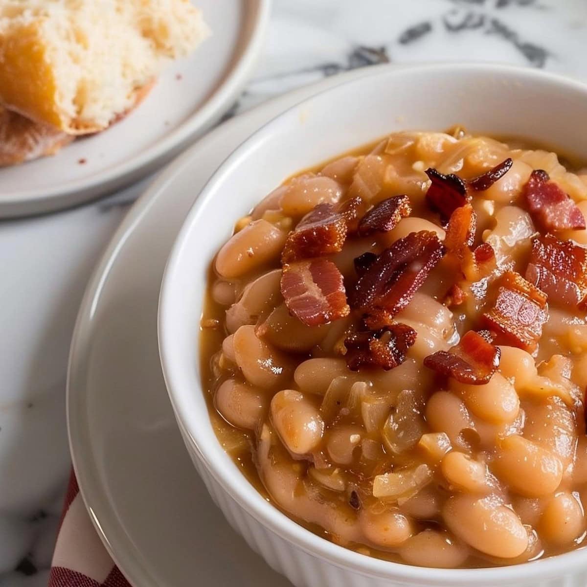 Bowl of Grandma Brown's Baked Beans in a Bowl with Crusty Bread on a Plate to the Side