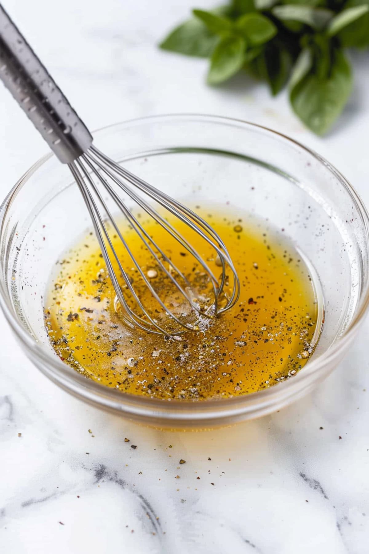 A glass bowl of green bean salad dressing including of a mix of olive oil, Dijon mustard, balsamic vinegar, salt and black pepper.