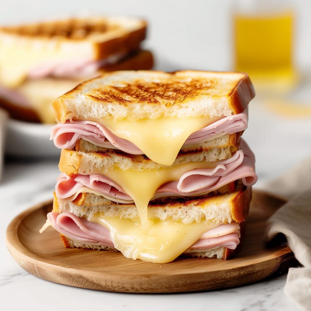 A golden brown grilled ham and cheese sandwich stacked in a wooden plate.