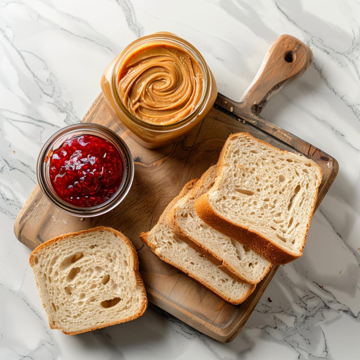 Slices of bread with bottles of peanut butter and jelly in a wooden cutting board.