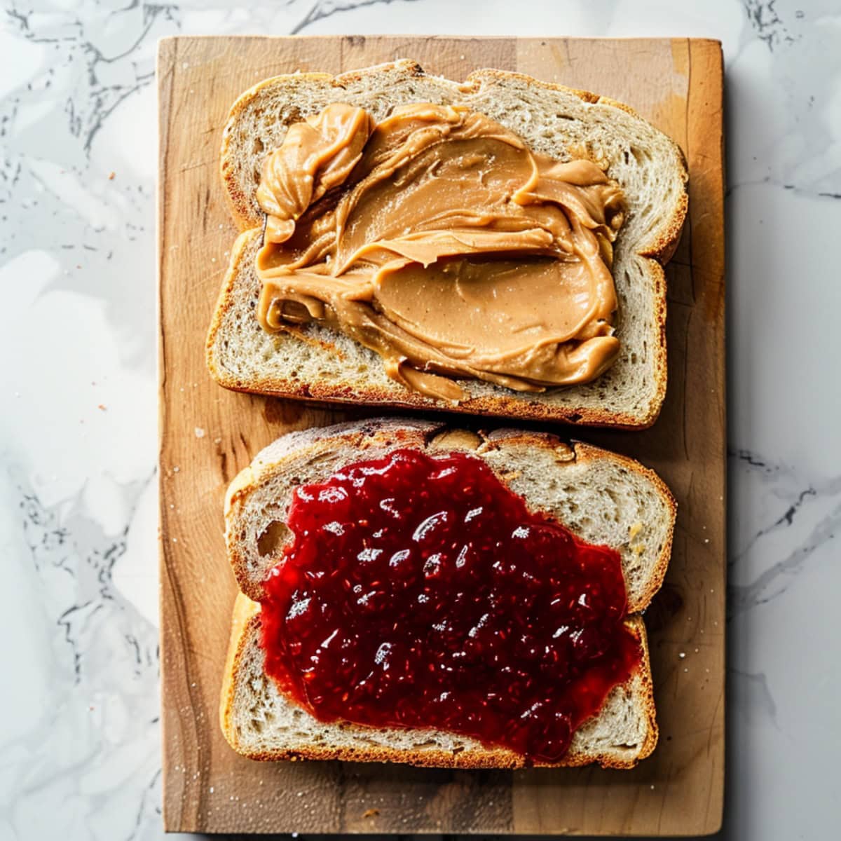 Slices of bread with peanut butter and jelly filling.