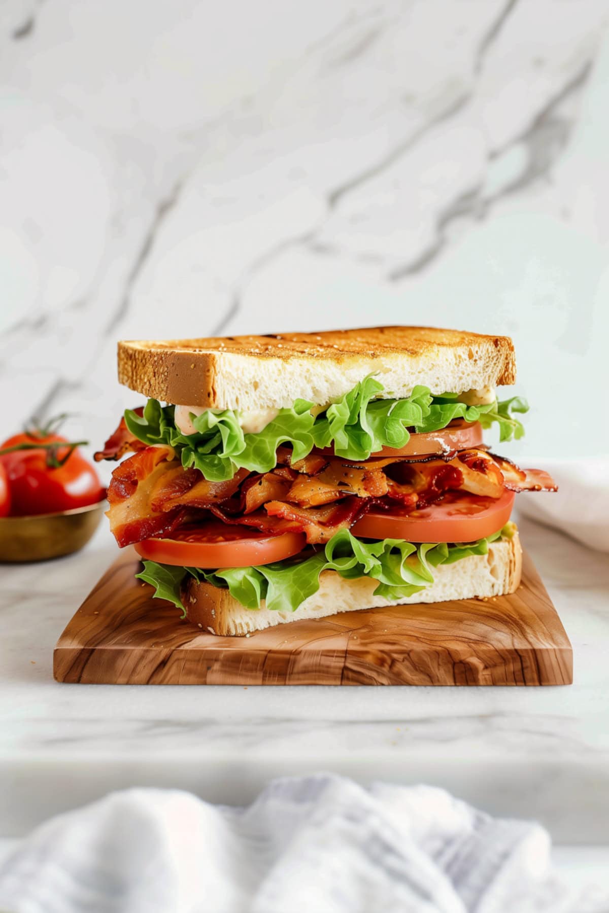 BLT Sandwich with lettuce, heirloom tomatoes and bacon on a wooden board.