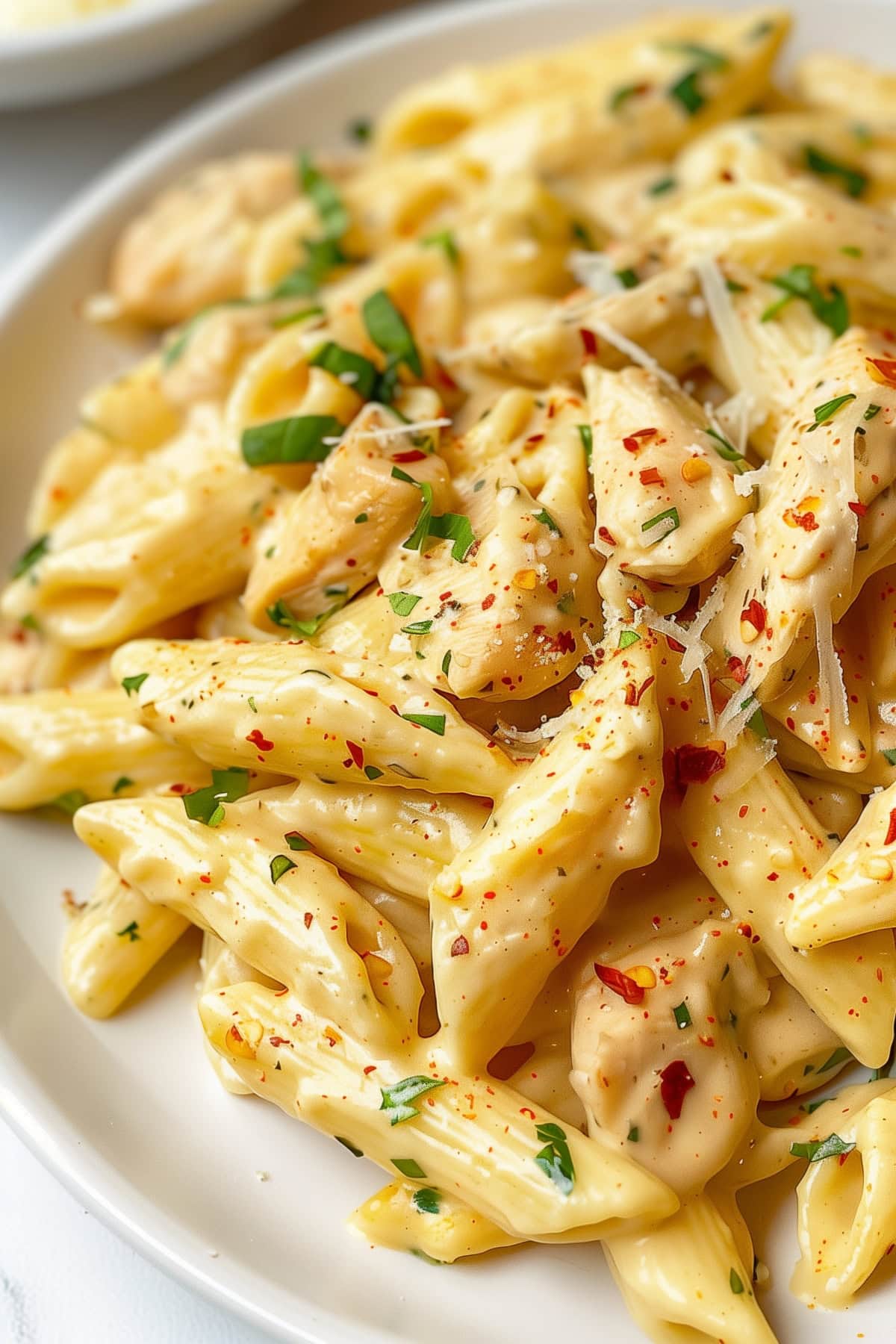 Garlic parmesan chicken pasta with red pepper flakes and parsley.