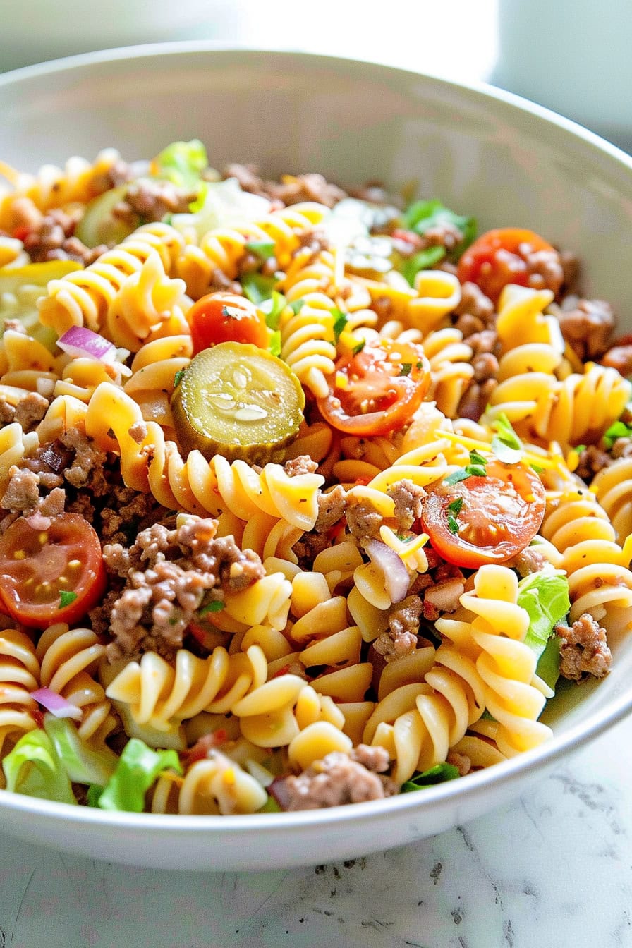 Homemade Jimmy Buffett pasta salad with rotini, cherry tomatoes, red onions, dill pickles and romaine lettuce.