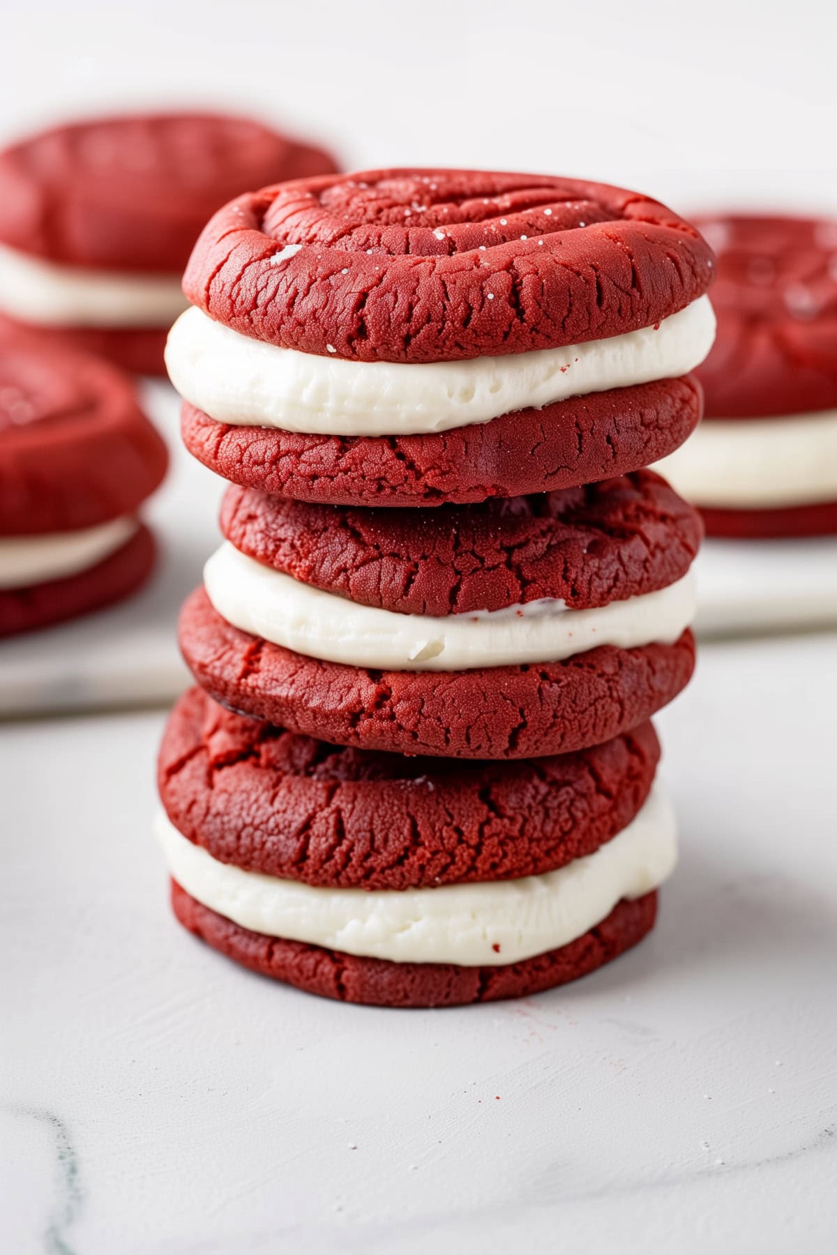 Red velvet sandwich cookies, with a generous layer of sweet cream filling, stacked on a light kitchen table.