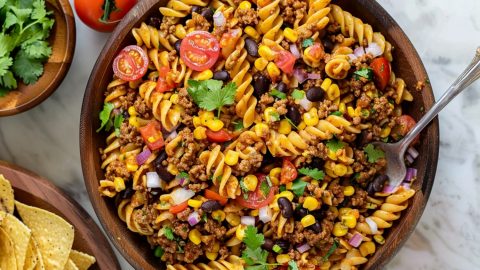 Homemade taco pasta with fresh vegetables, a bowl of taco on the side.