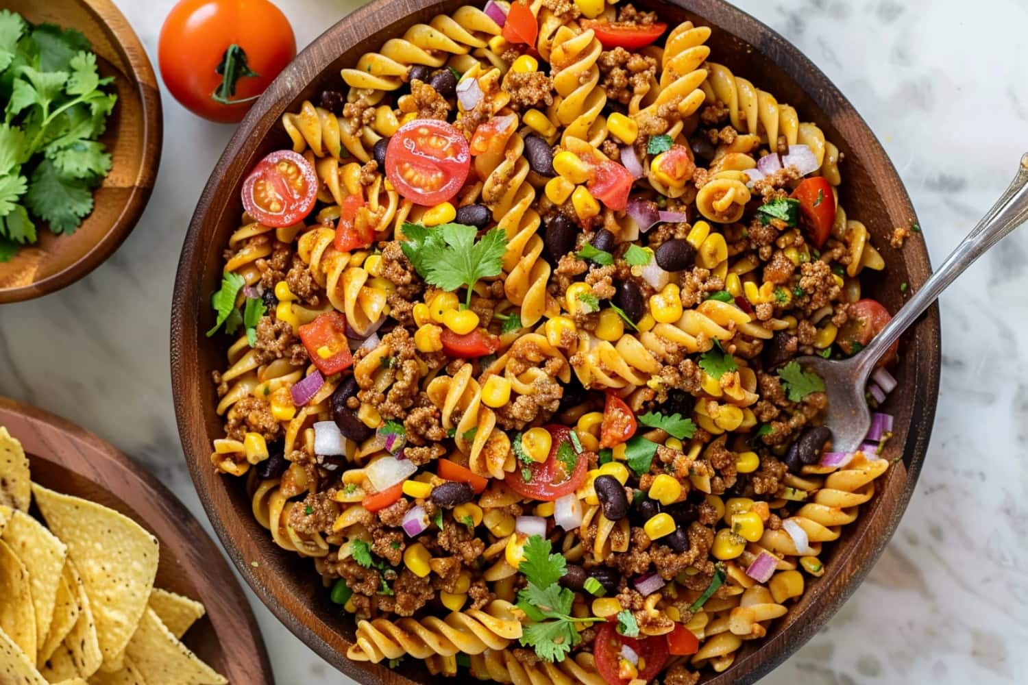 Homemade taco pasta with fresh vegetables, a bowl of taco on the side.