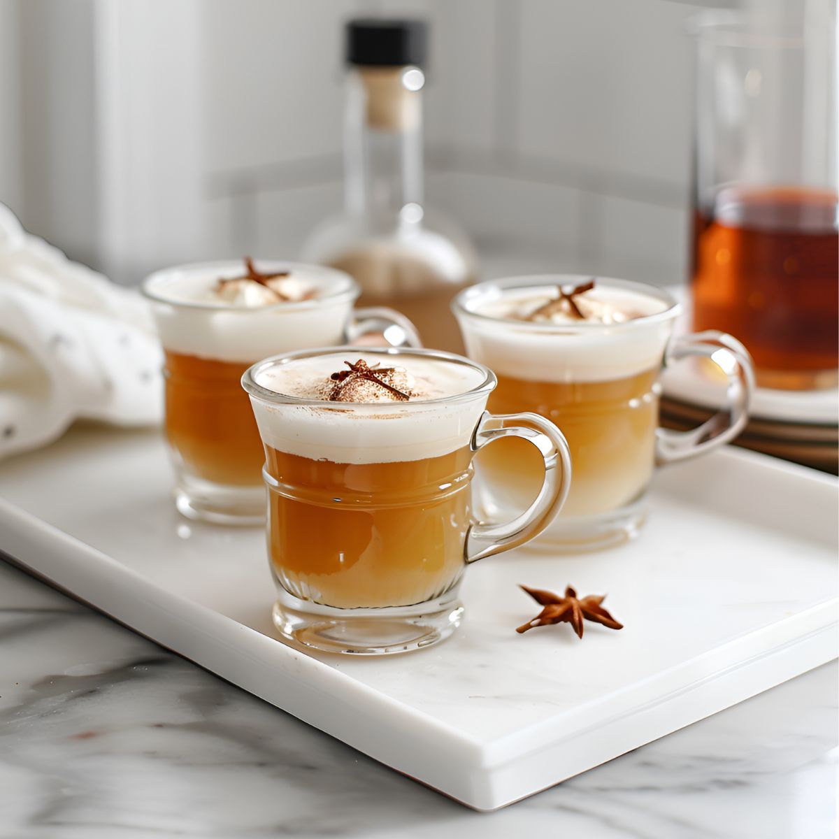 Three Glasses of Hot Buttered Rum on a White Cutting Board with Star Anise for Garnish and Bottles of Rum in the Background