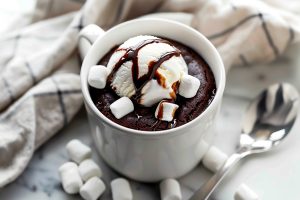 Quick and easy hot chocolate mug cake, perfect for a cozy dessert, topped with a scoop of ice cream and marshmallows.