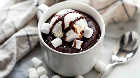 Quick and easy hot chocolate mug cake, perfect for a cozy dessert, topped with a scoop of ice cream and marshmallows.