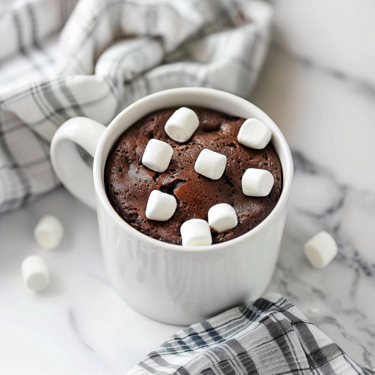 Fudgy hot cocoa mug cake topped with marshmallows on a white marble table.