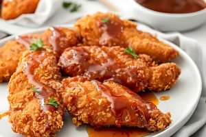 Breaded chicken breast with drizzle of hot honey on a white plate.