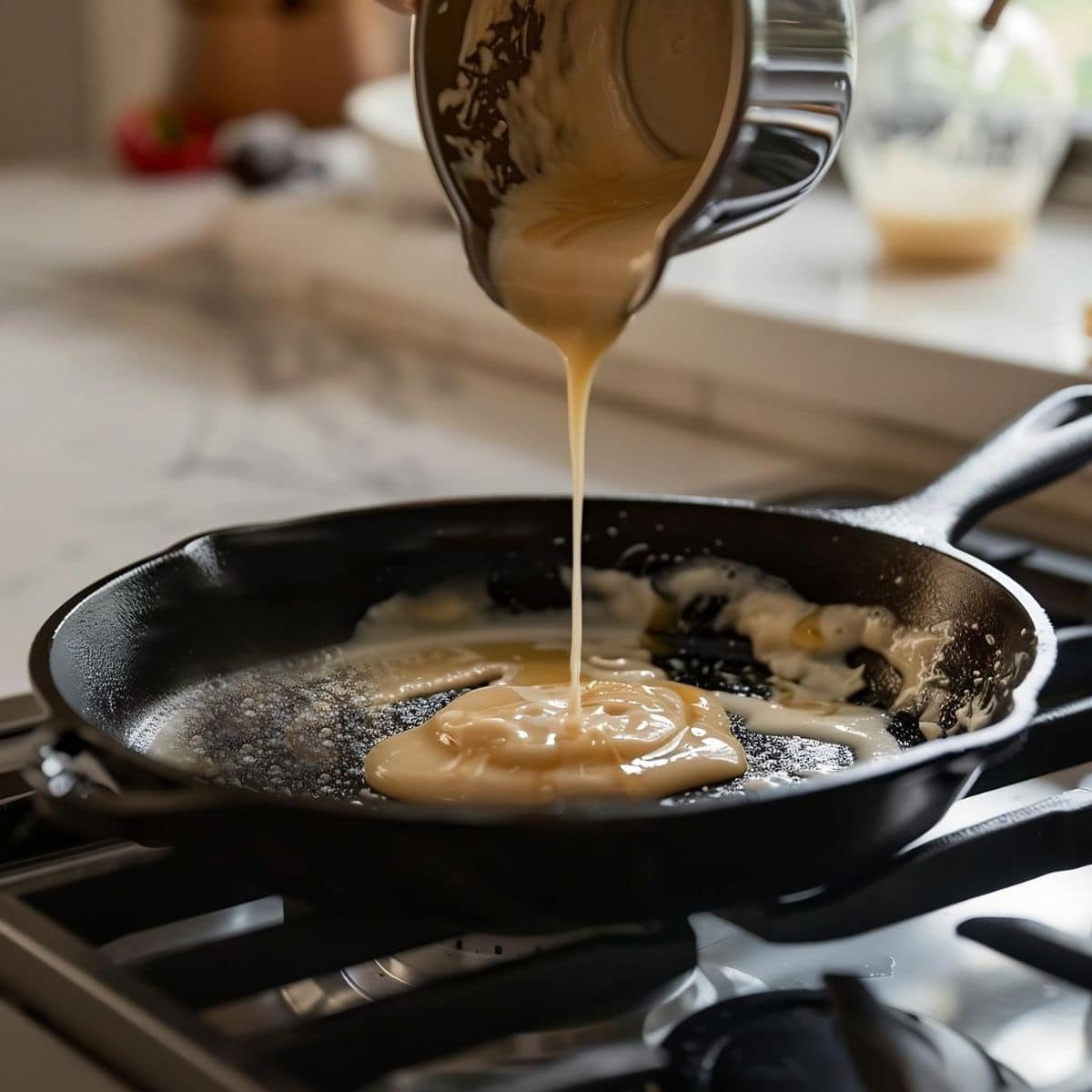 Pouring IHOP Pancake Recipe Batter into a Cast Iron Skillet On a Stove Top