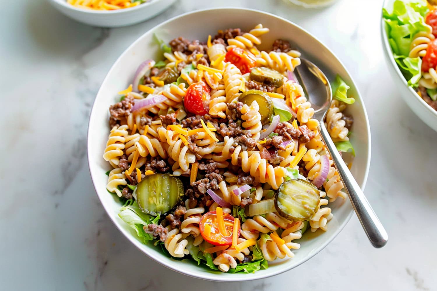 A bowl of homemade Jimmy Buffett rotini pasta salad with ground beef, cheese and veggies.