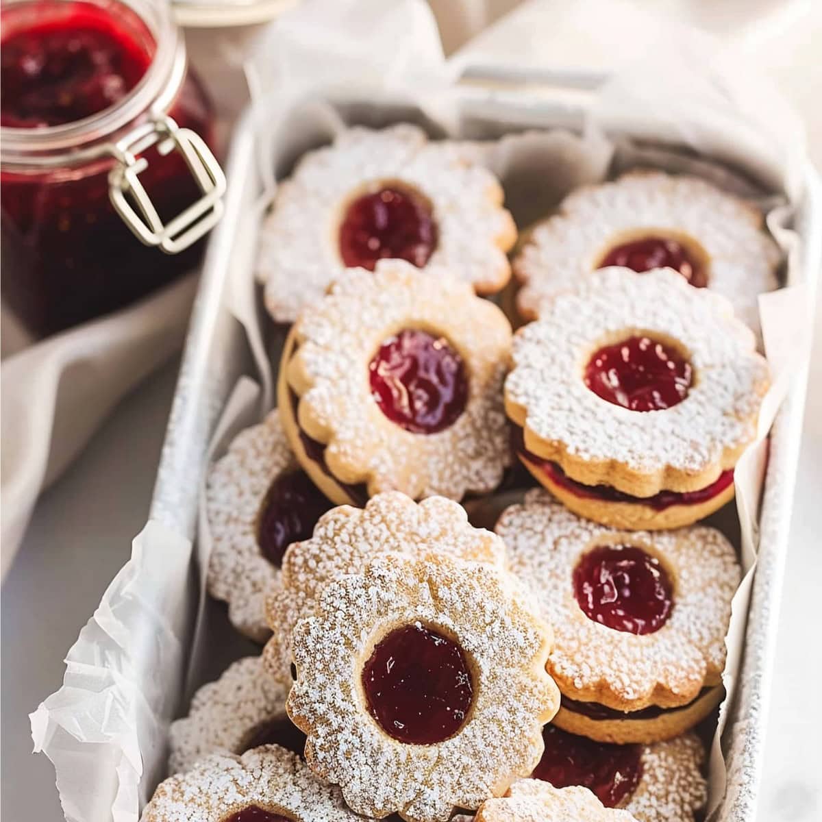 Raspberry, Powdered Sugar-Dusted Linzer Cookies in a Tin with Parchment Paper and a Jar of Raspberry Jam to the Side