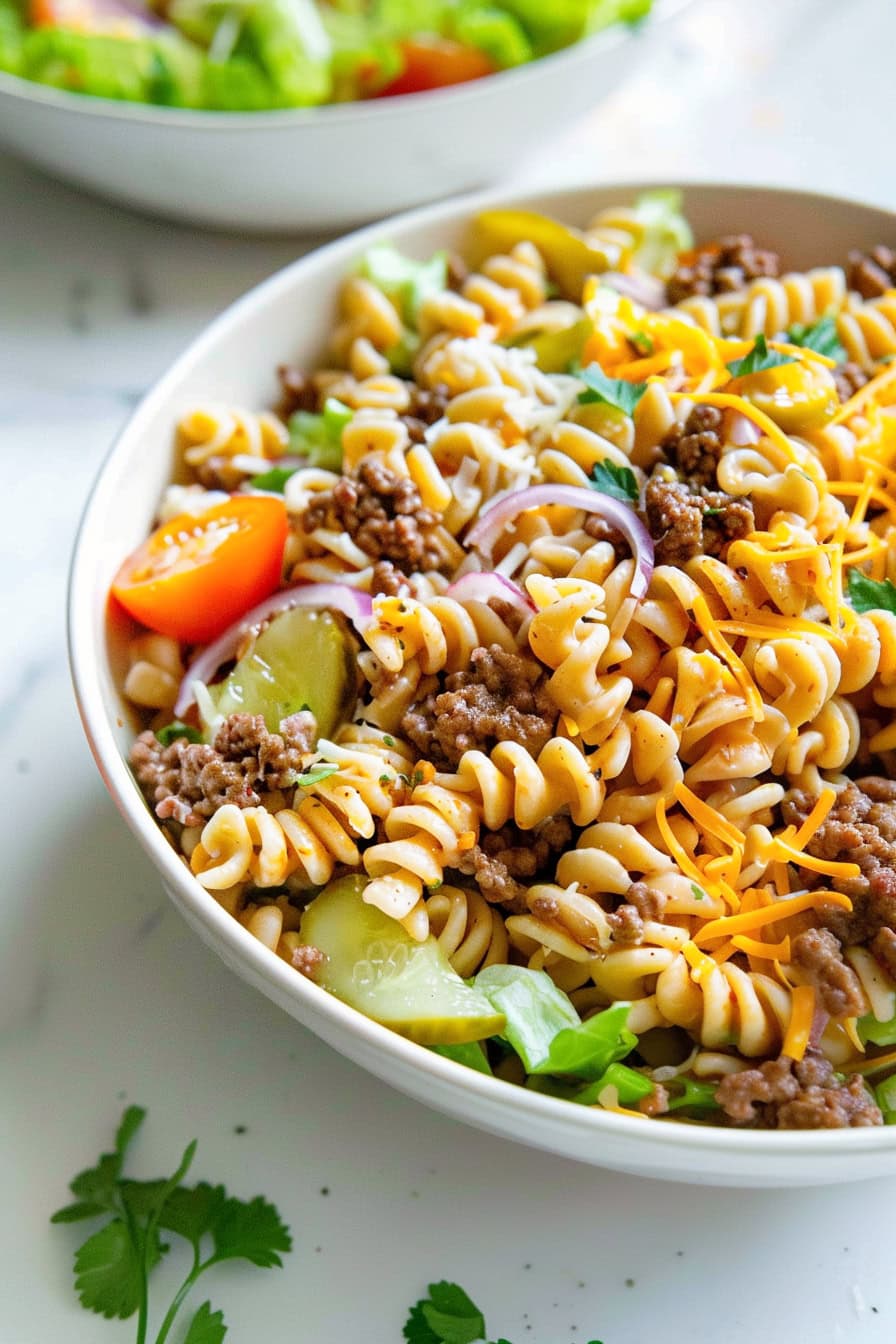 Refreshing Jimmy Buffett pasta salad in a bowl with shredded cheese, ground beef and vegetables.