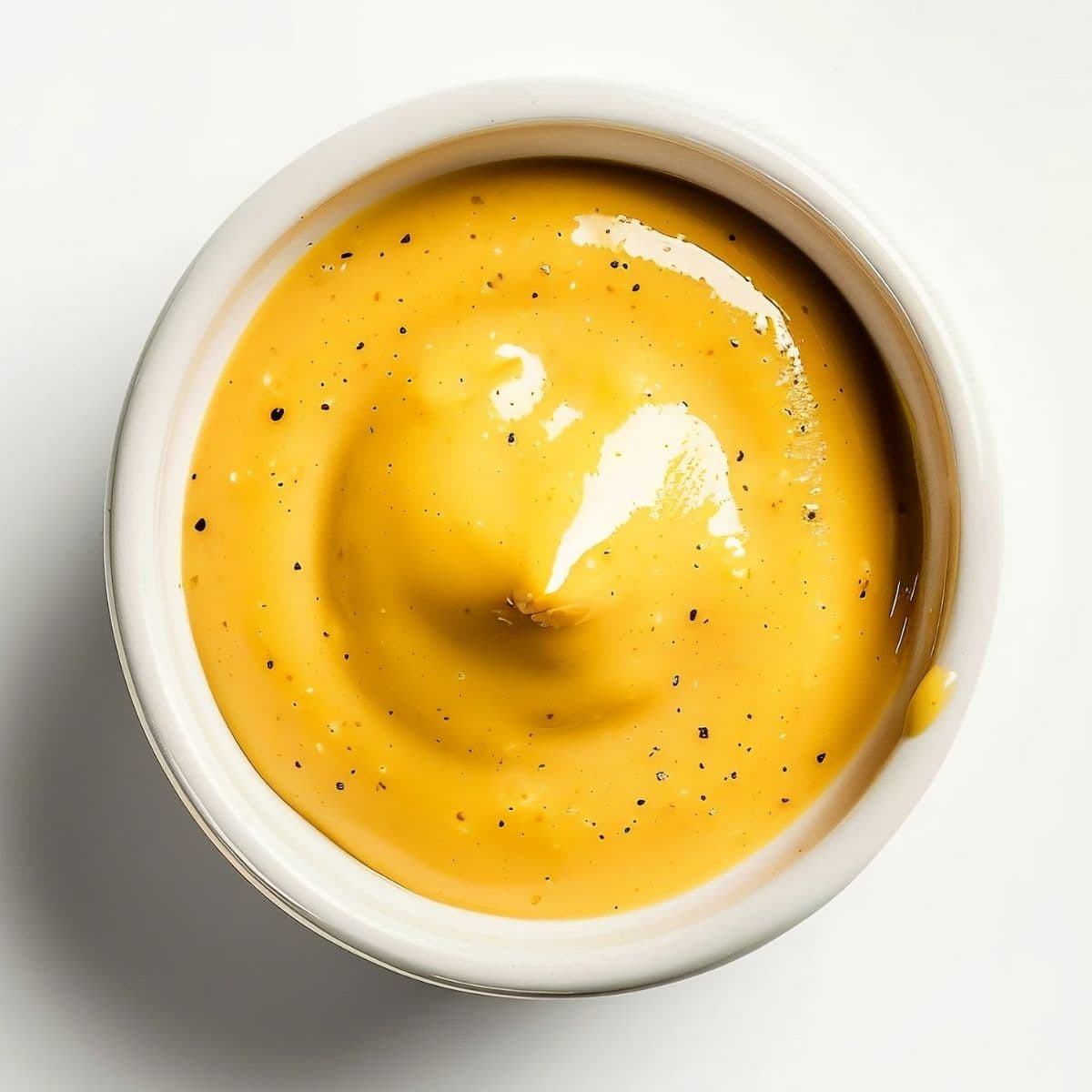 Close Top View McDonald's Hot Mustard Sauce with Seasonings in a White Ramekin on a White Table
