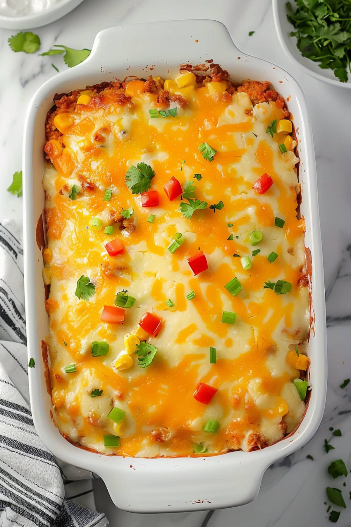 Whole Mexican cornbread casserole in a rectangular baking dish.