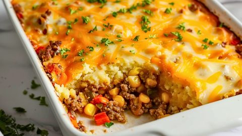 Slice missing Mexican cornbread casserole in a baking dish.