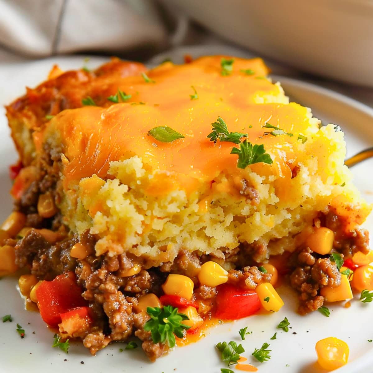 Meaty Mexican cornbread casserole serving in a white plate.