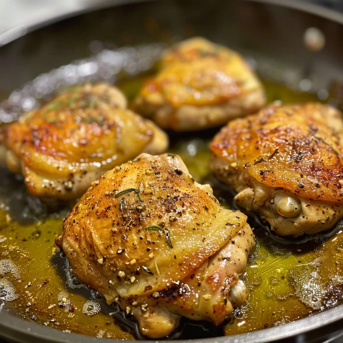 Chicken thighs seared in olive on a metal pan.