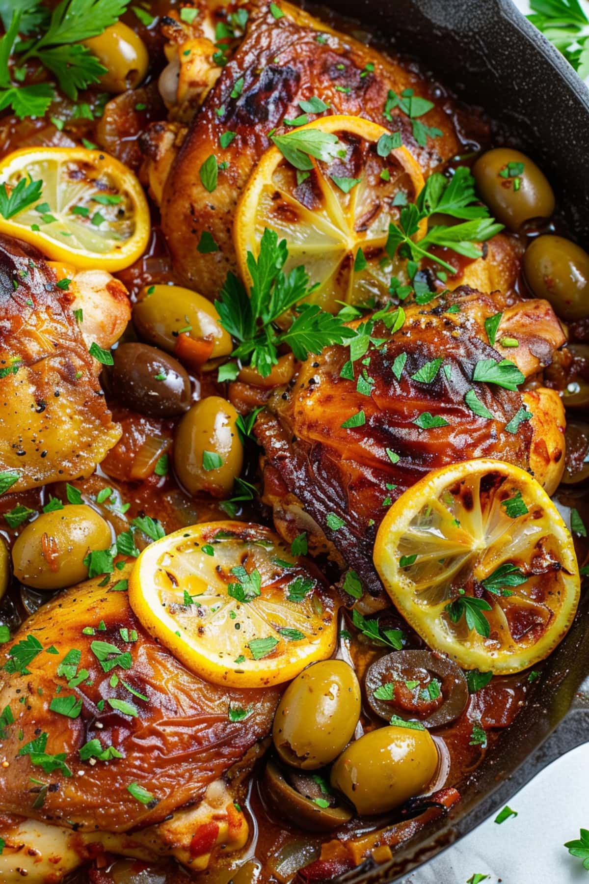 Chicken thighs in skillet with tomato sauce, lemons and olives.