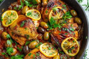 Chicken thighs cooked in tomato sauce in a metal pan.