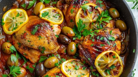 Chicken thighs cooked in tomato sauce in a metal pan.