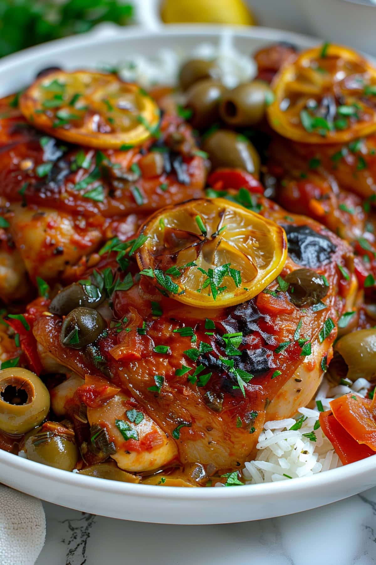 Chicken thighs cooked in tomato sauce on top of white rice with lemons and olives.

