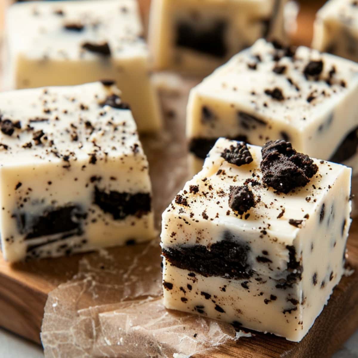Oreo fudge sliced in cubes on a wooden board with parchment paper.