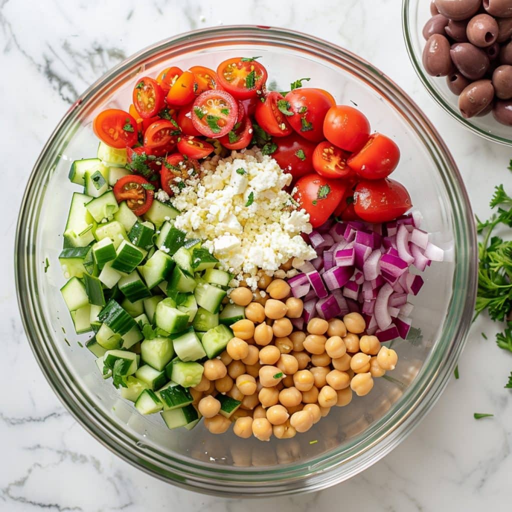 Diced English cucumber, halved cherry tomatoes, drained and rinsed chickpeas, finely chopped red onion, crumbled feta cheese, chopped fresh basil, chopped fresh parsley in a glass bowl.