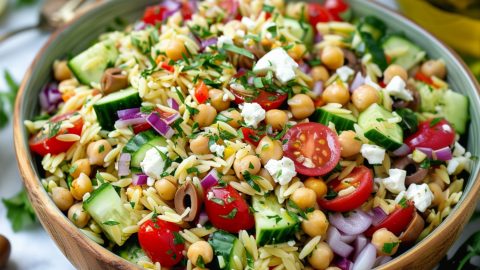 Wooden bowl with orzo pasta made with mix of diced English cucumber, halved cherry tomatoes, drained and rinsed chickpeas, finely chopped red onion, crumbled feta cheese, chopped fresh basil, chopped fresh parsley.