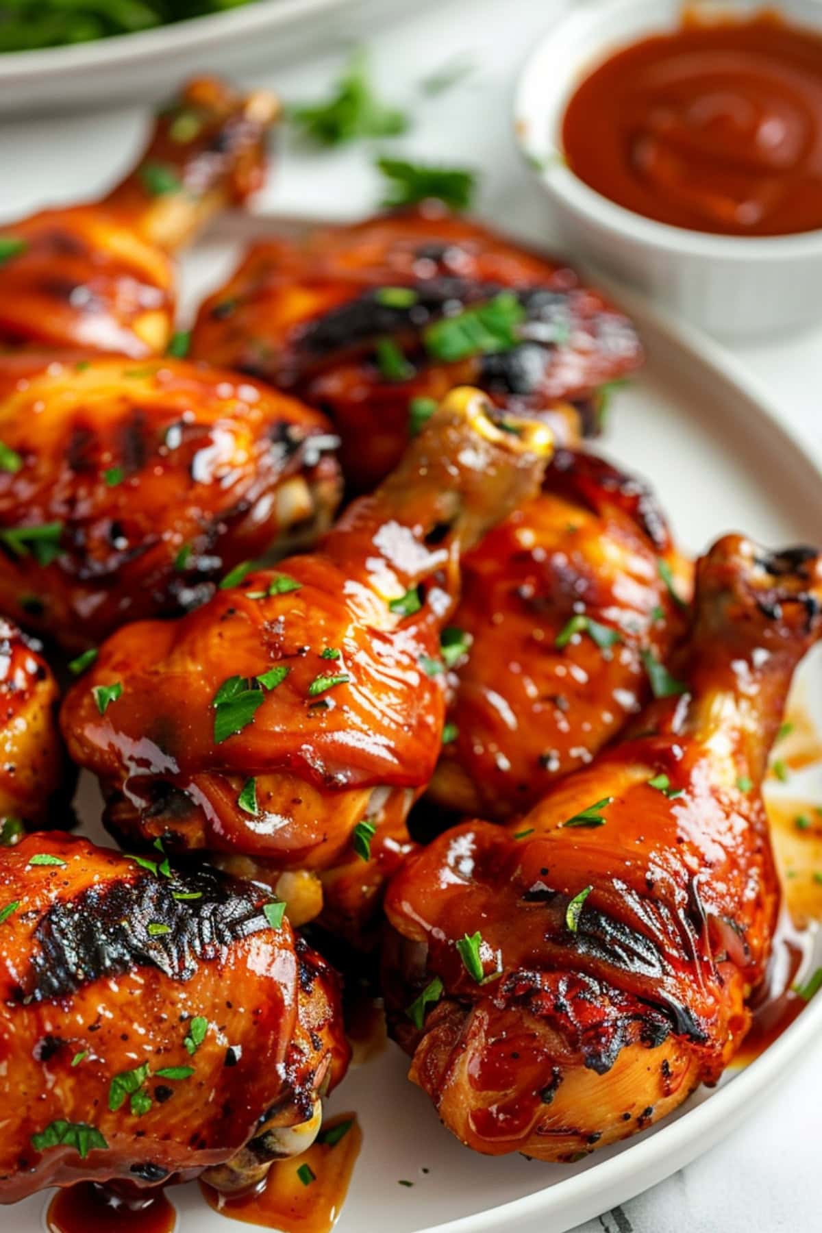 Close-up of a plate of bbq chicken with a bowl of dipping sauce on the side.