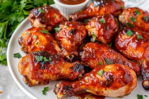 Chicken drumsticks glaze with bbq marinade and garnished chopped celery leaves.