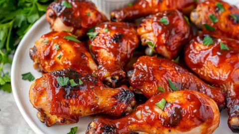 Chicken drumsticks glaze with bbq marinade and garnished chopped celery leaves.