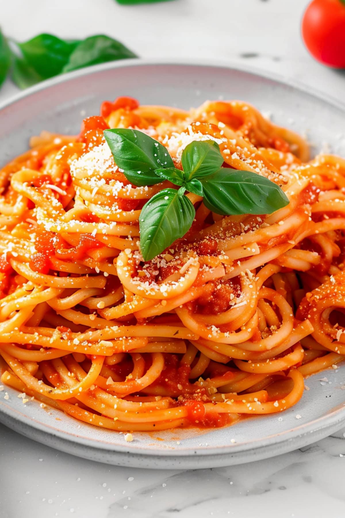 Elegant pasta pomodoro with spaghetti in tomato sauce on a white plate.