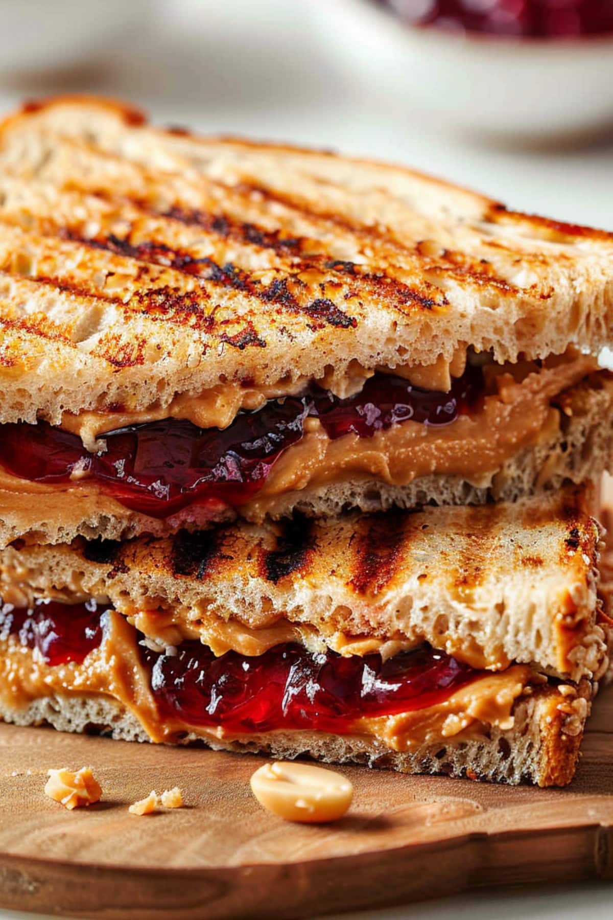 Peanut butter and jelly sandwich stack and cut in half.