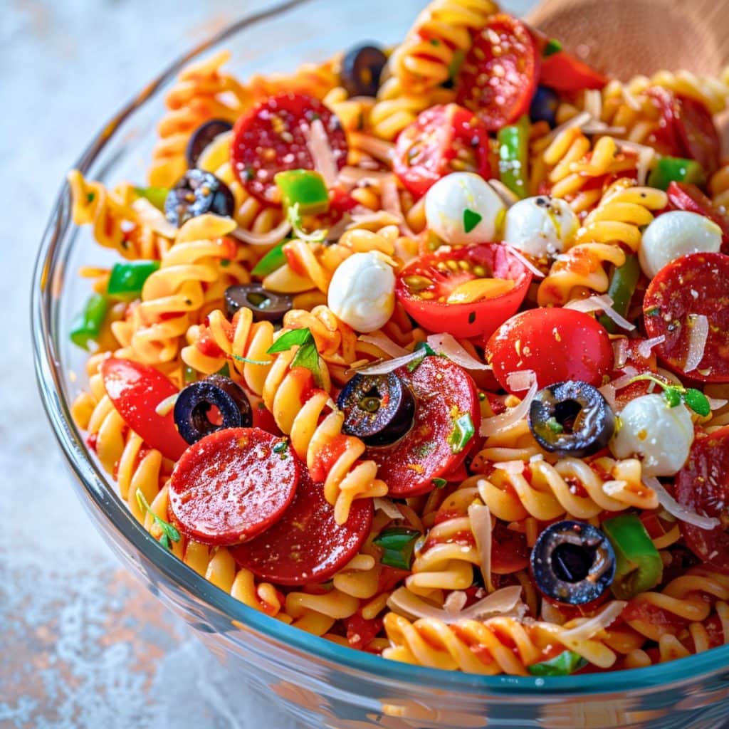 Pepperoni pasta salad tossed in a clear large bowl.