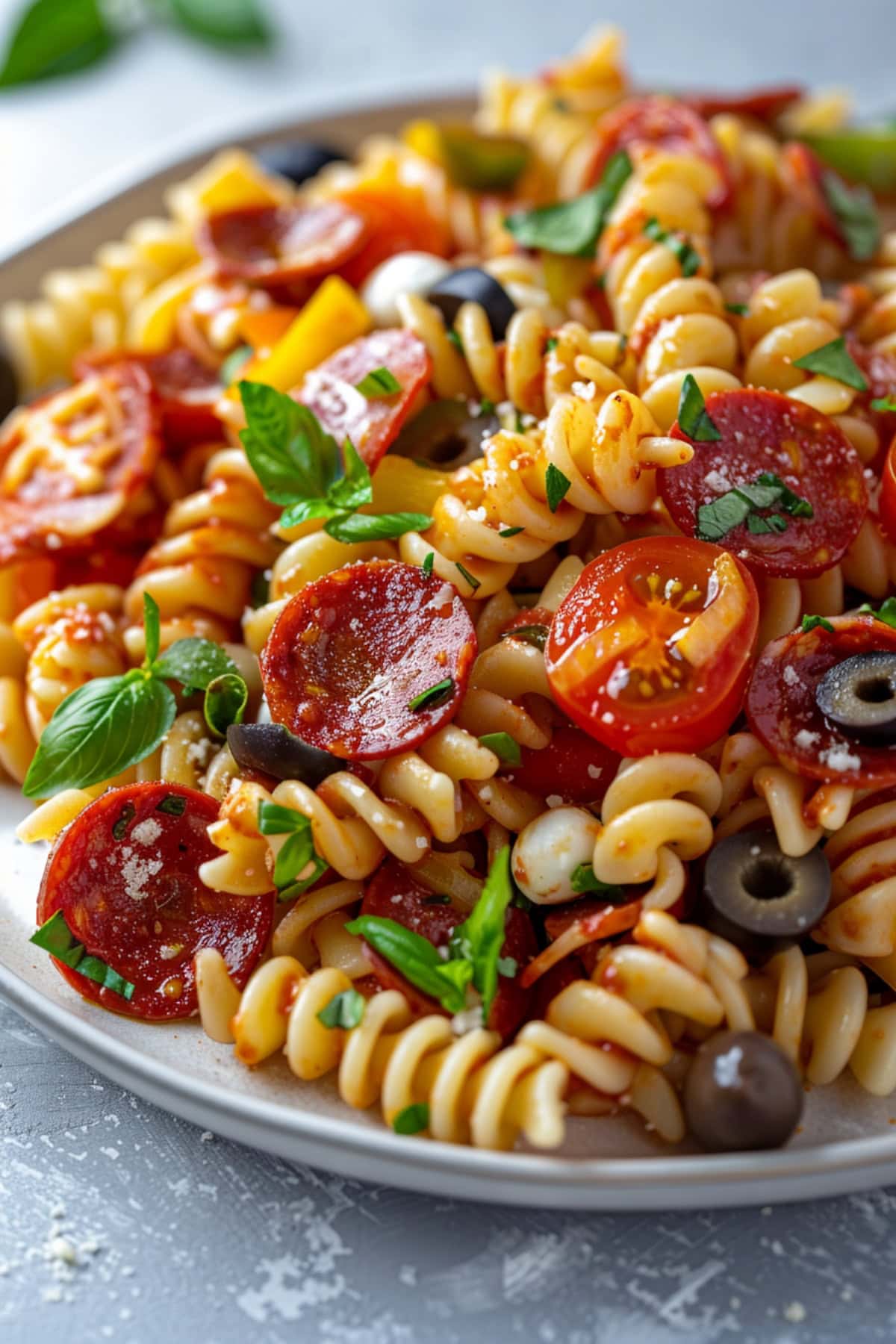A serving of pepperoni pasta salad made with rotini pasta, pepperoni and mozzarella pearls served on a white plate.