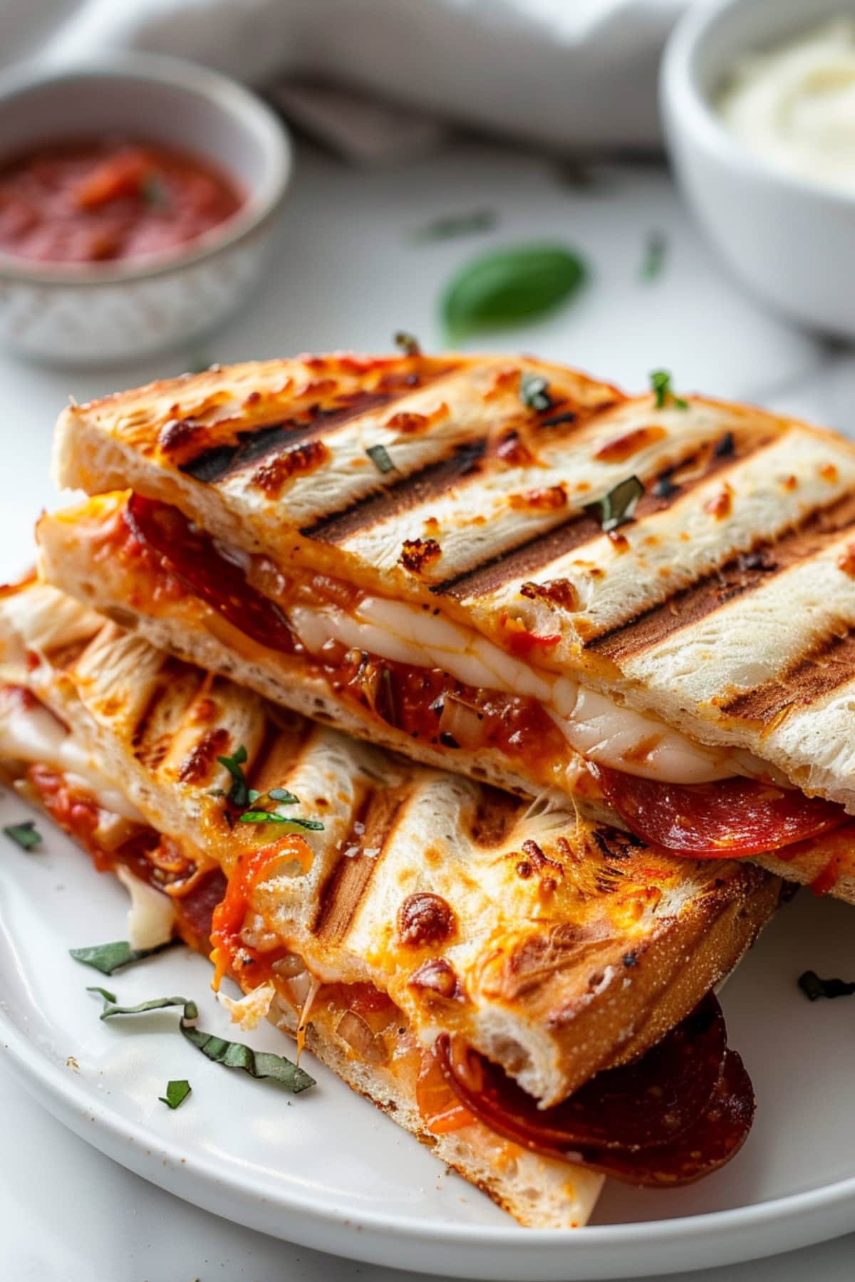 Gooey pizza panini with melted mozzarella and pepperoni in grilled ciabatta bread rolls
