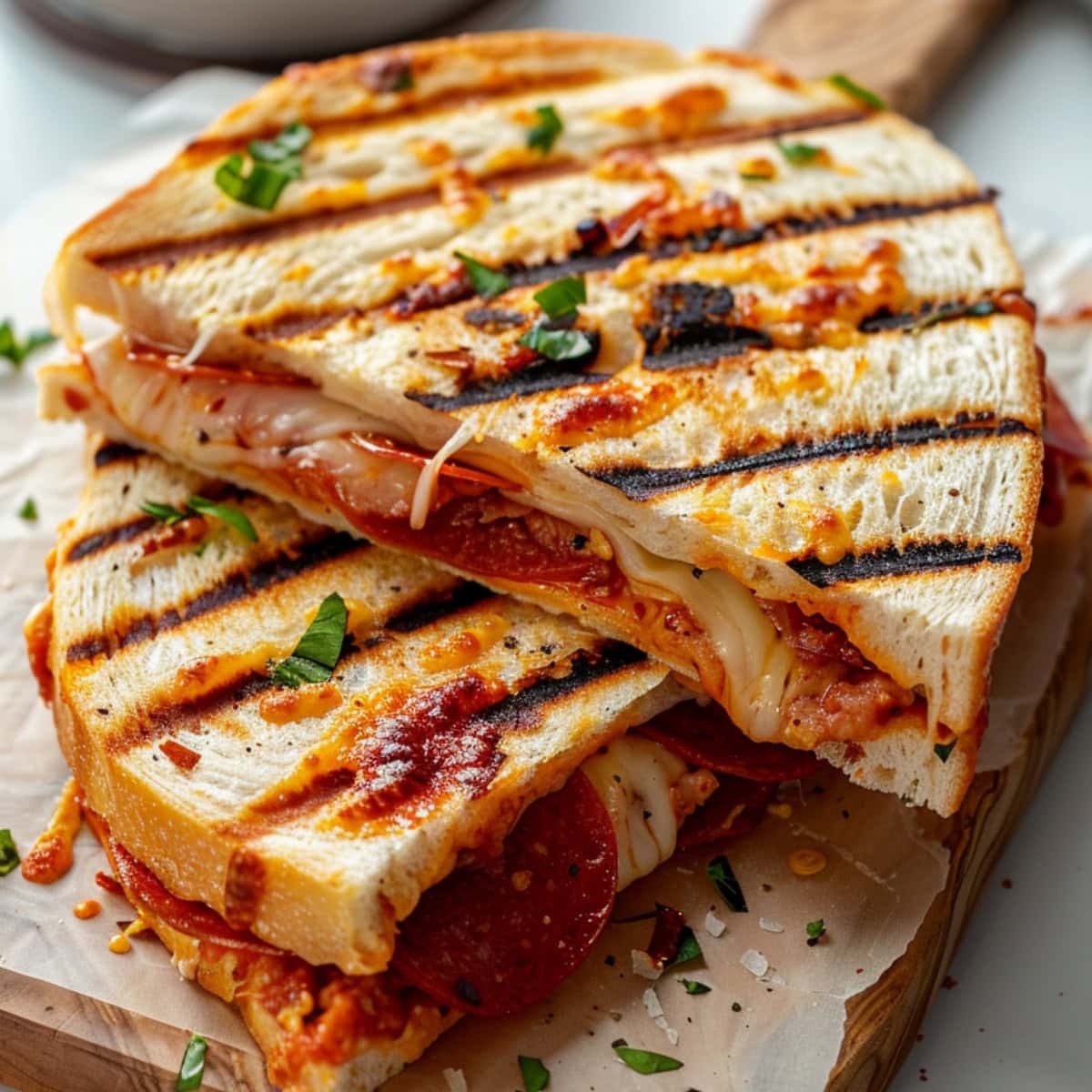 Grilled ciabatta bread with pizza sauce, melted mozzarella and spicy pepperoni