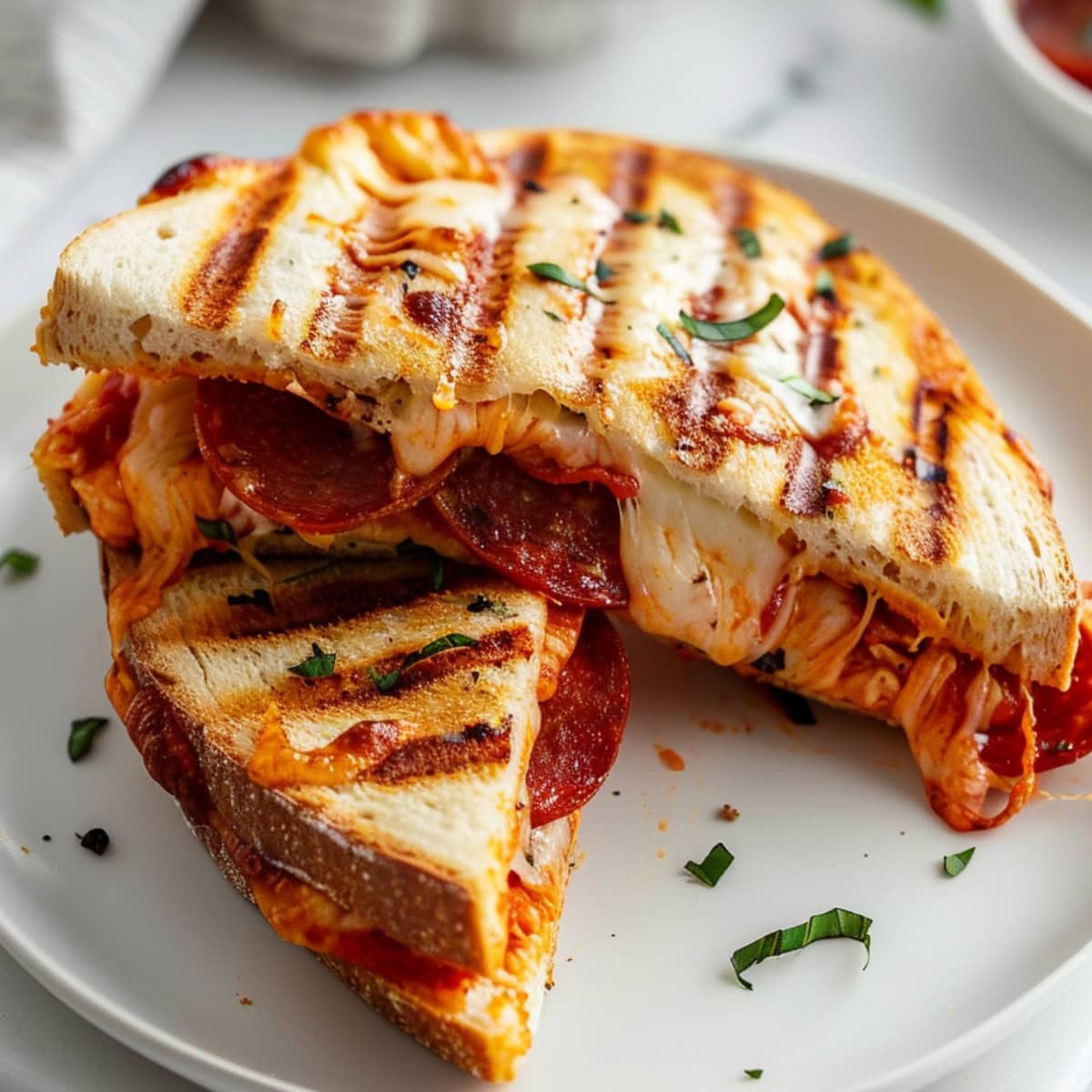 Ciabatta bread grilled with pizza sauce filling, gooey cheese and pepperoni.