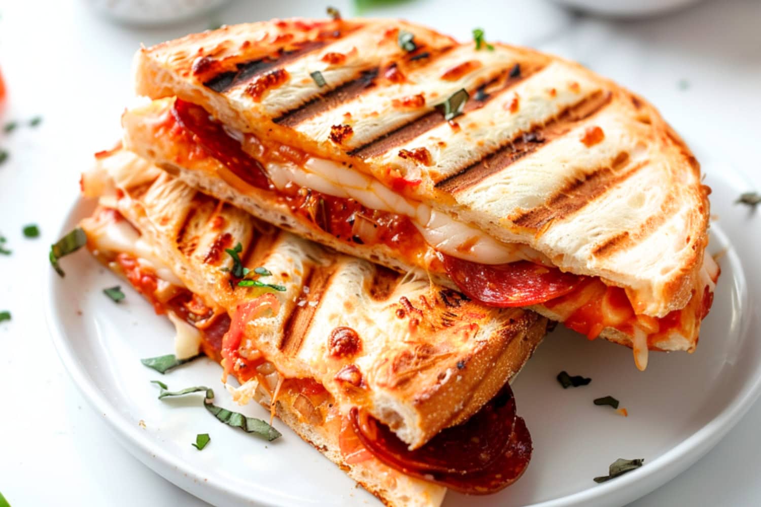 Sandwich with melted mozzarella, spicy pepperoni, and golden brown crust.